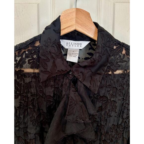 Vintage 90's Black Sheer Ruffled Long Sleeve Blouse Size Small | 90s Style - Picture 2 of 4